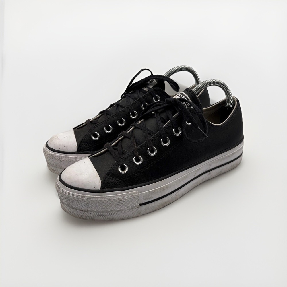 Converse All Star Leather Platform Sneakers Women Size 8.5 Black Low Top Casual
